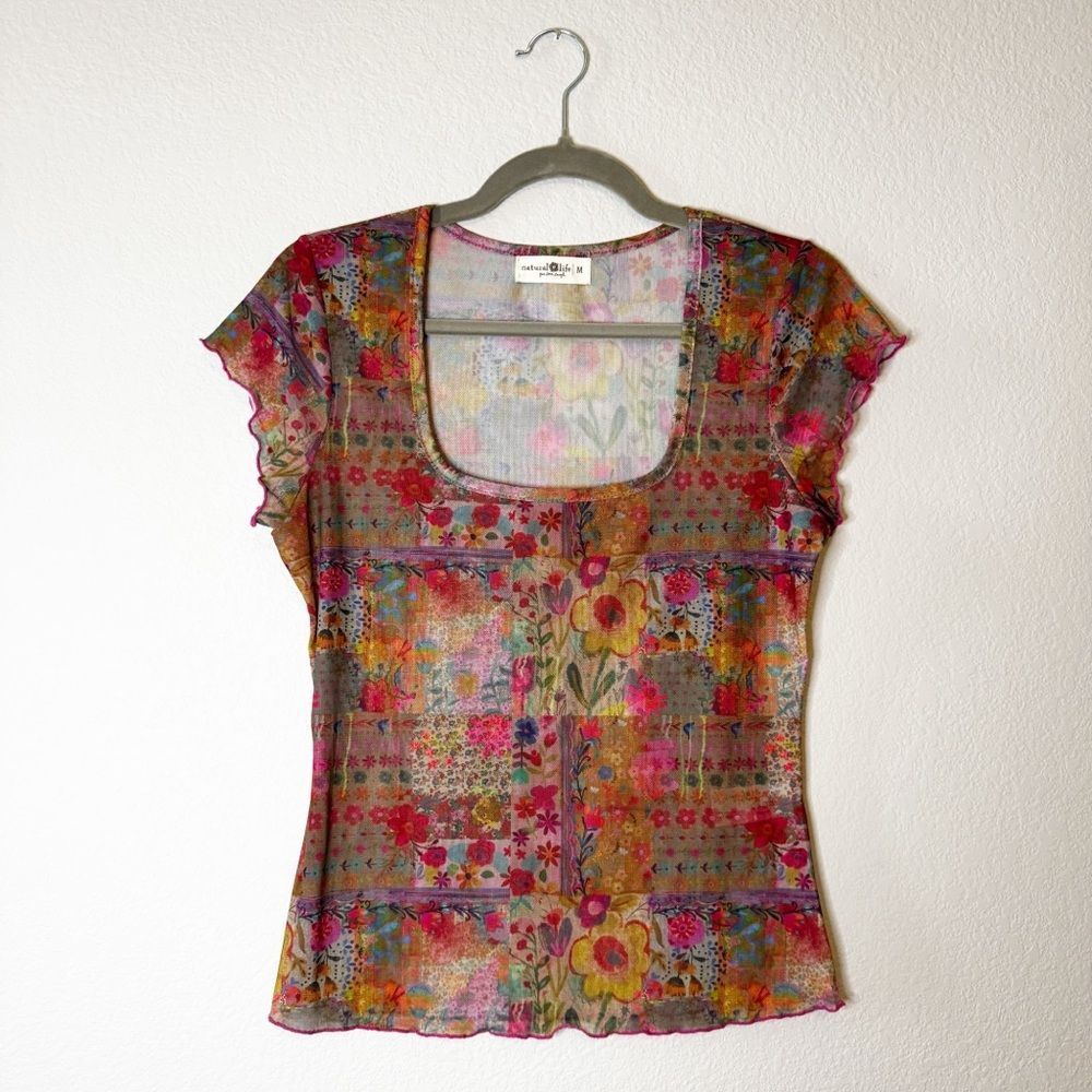 NATURAL LIFE Devon Mesh Short Sleeve Top Pink Floral Patchwork Size Medium - Picture 2 of 8